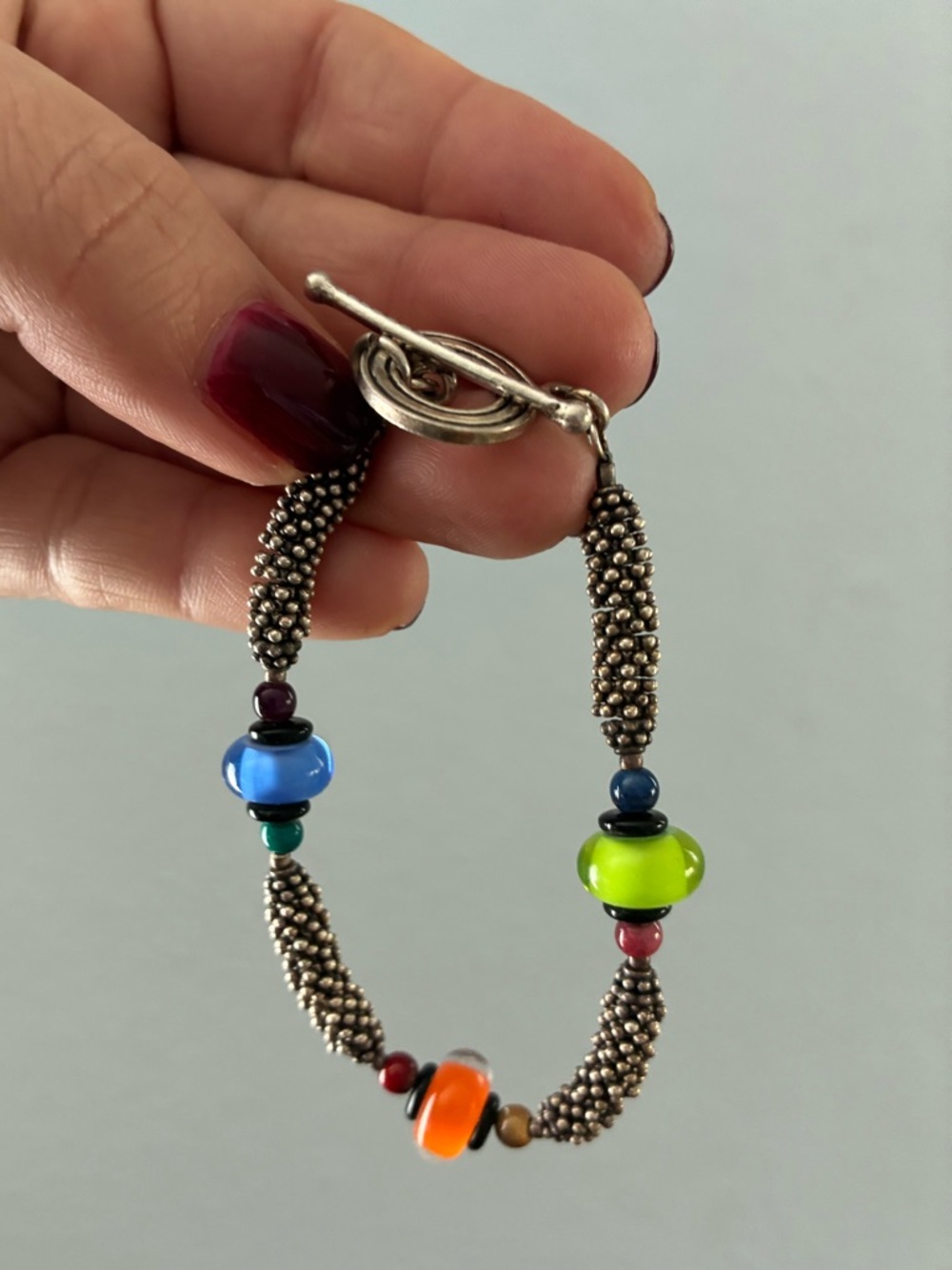Multicolor Glass Bead and Silver-Tone Beaded Bracelet